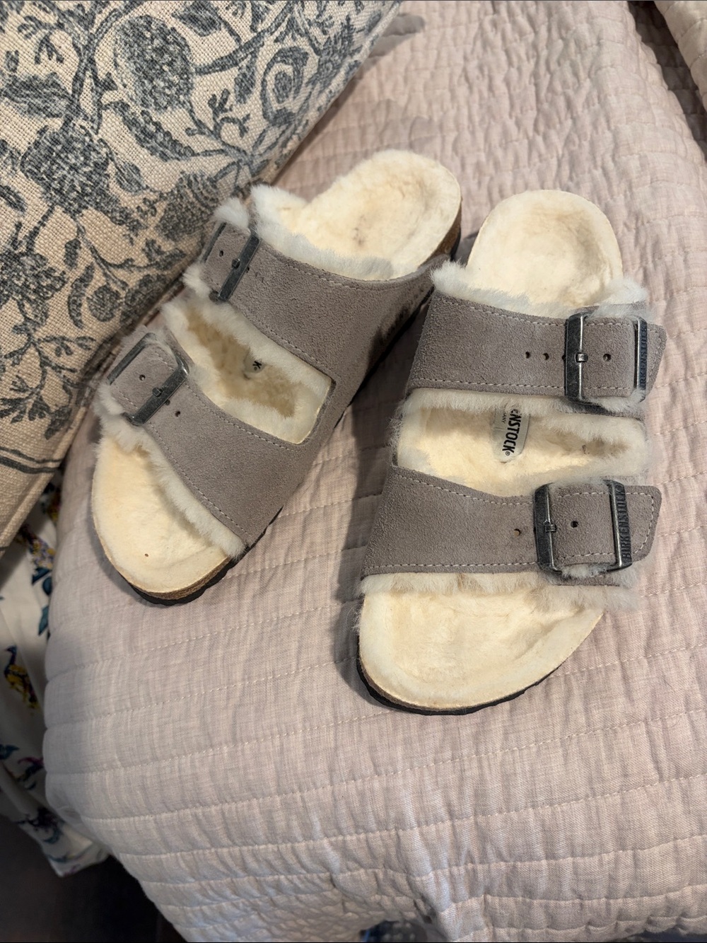 Birkenstock Gray Suede Shearling-Lined Two-Buckle Sandal